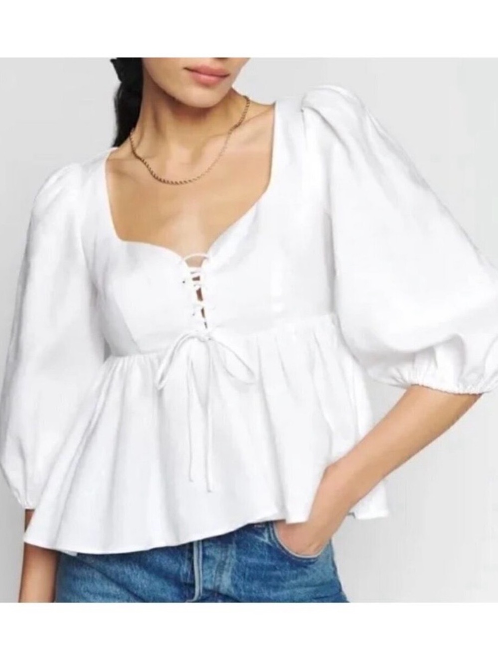 Reformation White Lace-Up Peplum Puff Sleeve Blouse